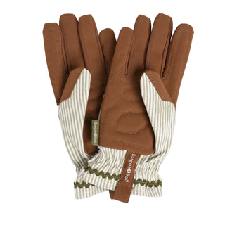 Pair of brown and beige gardening gloves on a white background