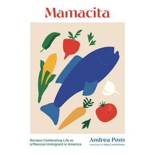 Book cover of 'Mamacita' with a blue fish and vegetables on a beige background