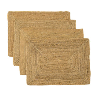 Set of four woven placemats on a beige background