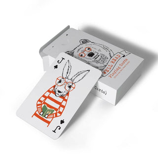 Playing cards with a rabbit design and a box labeled 'Red Rabbit Playing Cards' on a white background.