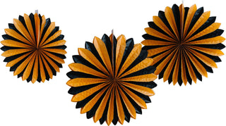 Three paper fans with black and orange design on a white background