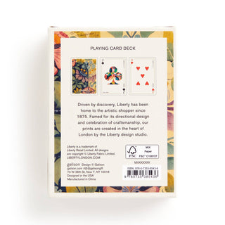 Back of a playing card deck with floral and geometric design, featuring Liberty branding.