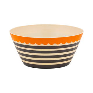 Bowl with orange rim and black and white striped body on a white background