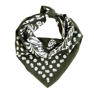 Green bandana with white floral pattern on a white background