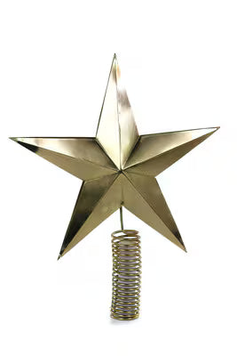 Gold star-shaped Christmas tree topper on a white background