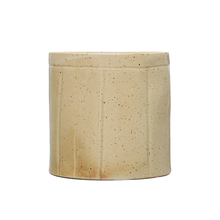 Decorative Stoneware Crock w/ Debossed Lines, Reactive Glaze, Beige - FORD + ELM