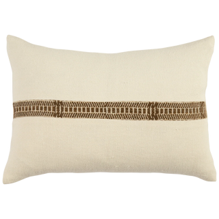 Beige pillow with a brown woven band on a white background