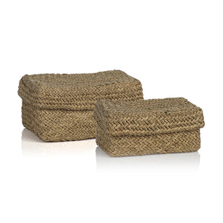 Two rectangular storage baskets made from durable mendong grass, in different sizes, with visible handles on the sides.