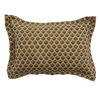 Rectangular linen pillow with a hand block-printed geometric pattern in beige and brown tones, featuring a flange and zipper closure.