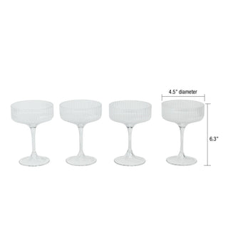 Set of four white cocktail glasses with dimensions on a white background
