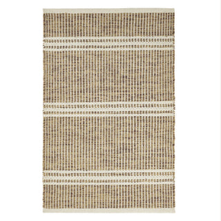 Textured area rug with a striped pattern on a white background