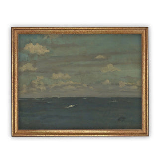 Framed painting of a seascape with clouds and water.