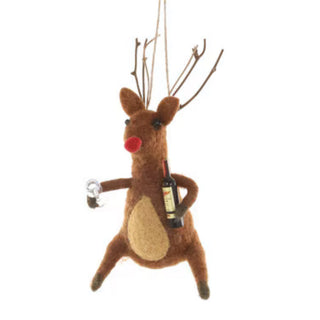 Felted reindeer ornament with a red nose and antlers on a white background
