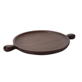 Round wooden tray with handles on a white background