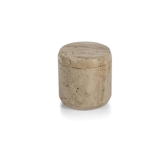 A beige travertine marble decorative canister with a lid on a white background.