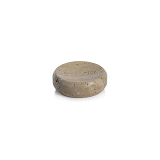 A beige travertine marble soap dish with a natural stone pattern.