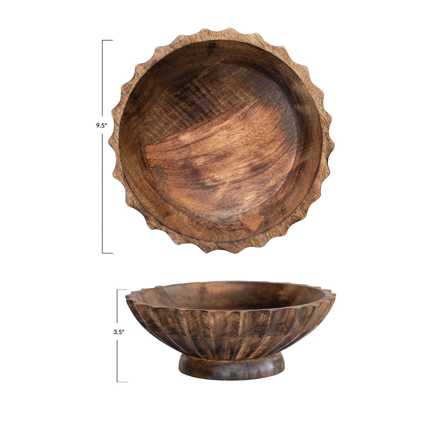 Hand-Carved Mango Wood Footed Bowl w/ Scalloped Edge, Burnt Finish