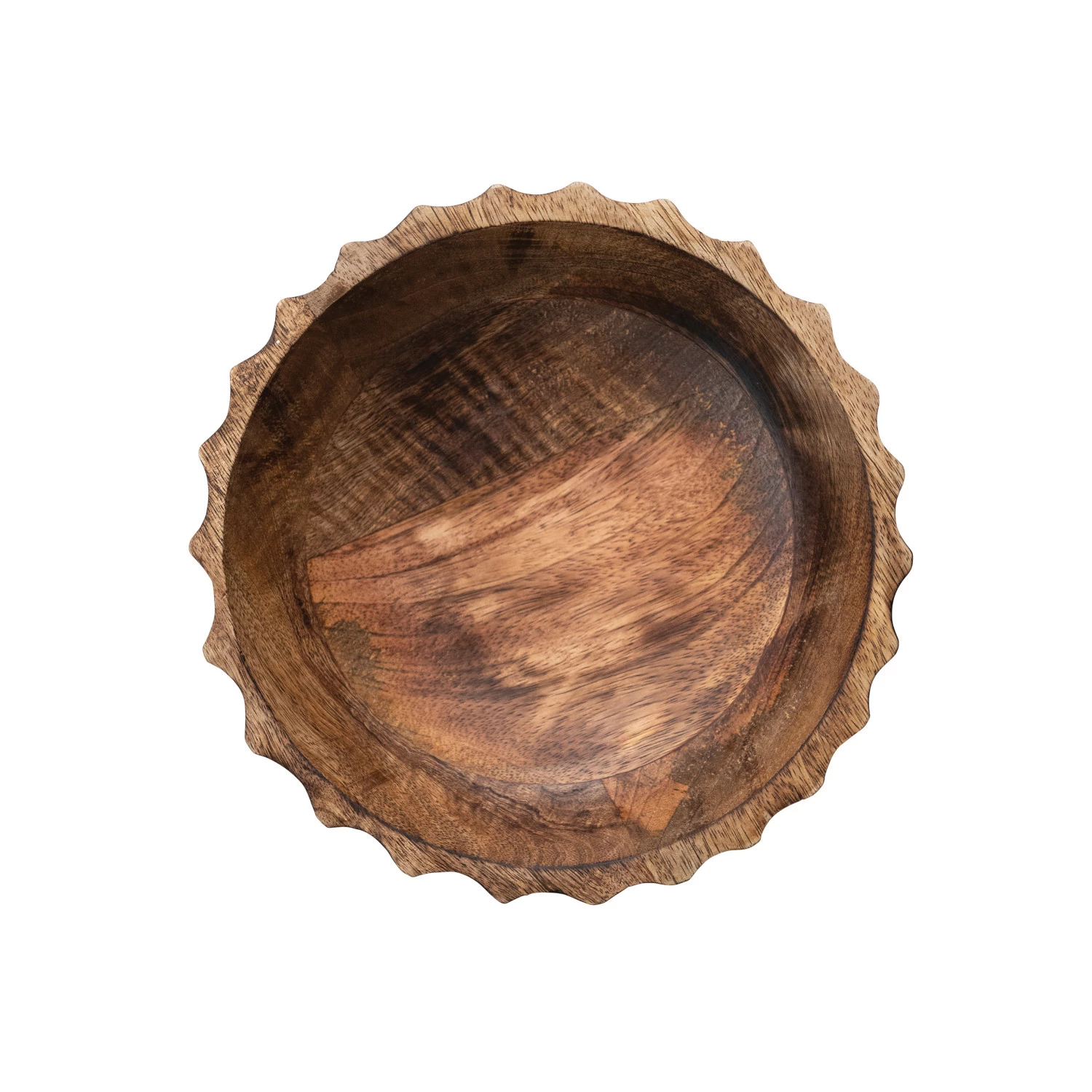 Hand-Carved Mango Wood Footed Bowl w/ Scalloped Edge, Burnt Finish