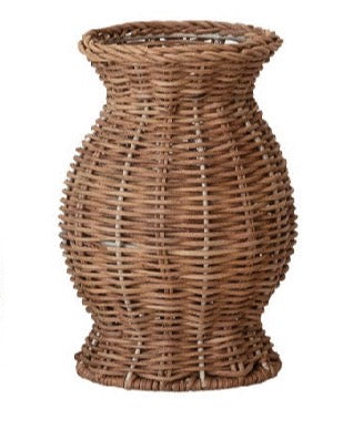 A brown woven wicker basket vase with a flared rim and ribbed base, shown against a plain white background.