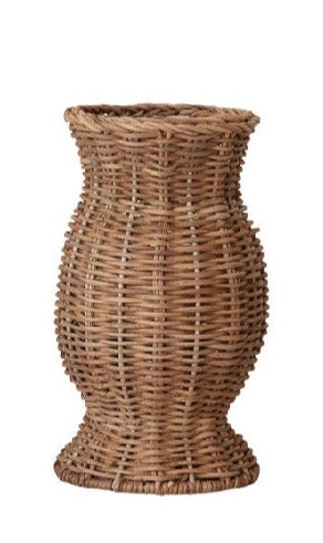 A natural woven rattan or wicker vase with a flared rim and a bulbous, hourglass-shaped body, shown against a plain white background.