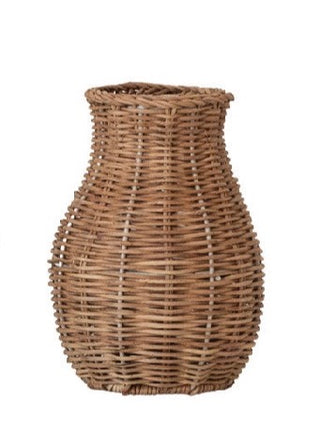 A natural woven rattan basket vase with a flared rim and bulbous body, shown on a plain white background.