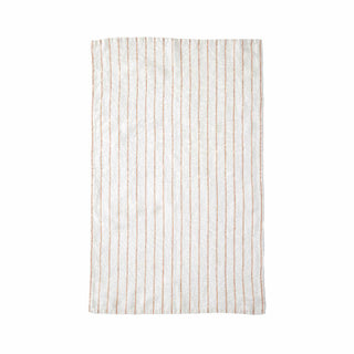 A rectangular woven textile with vertical thin stripes in warm tan and beige on an off-white background, shown flat against a plain white backdrop.