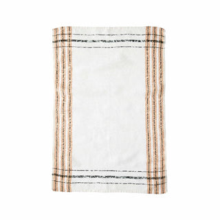 A rectangular white kitchen towel with a rustic border featuring vertical stripes in beige and black.
