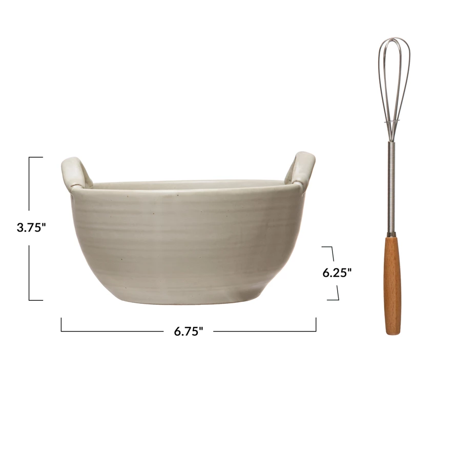 Stoneware Bowl, Wood and Metal Whisk, Set of 2 - FORD + ELM