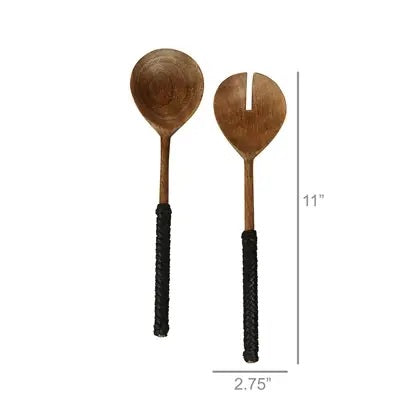 Burke Salad Servers, Wood & Black Leather - FORD + ELM