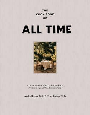 Cookbook cover with a photo of a table outdoors and text about recipes and stories from a restaurant.