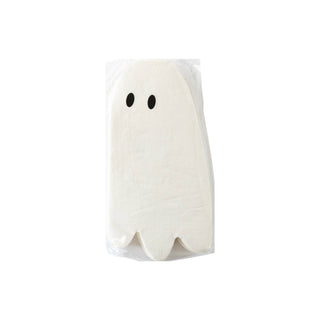 White ghost-shaped paper napkin in clear packaging on a white background