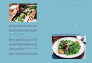 Book page with a photograph of hands preparing salad, text, and a plate of salad on a blue background.