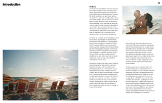 Beach scene with lounge chairs and umbrellas, text on the right side