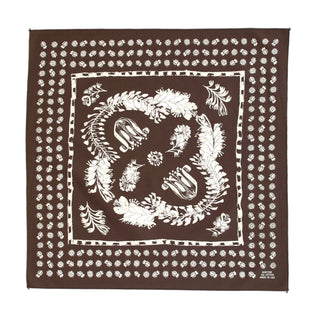 Brown bandana with white floral and leaf pattern on a white background