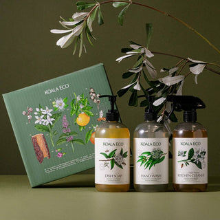 Koala Eco cleaning products with a green box featuring botanical illustrations on a green background