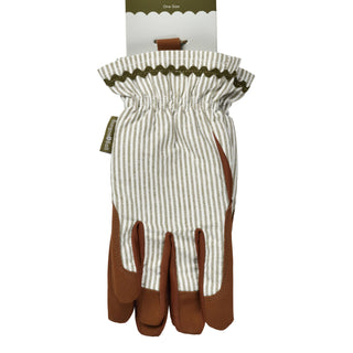 Pair of gardening gloves with a striped pattern on a white background