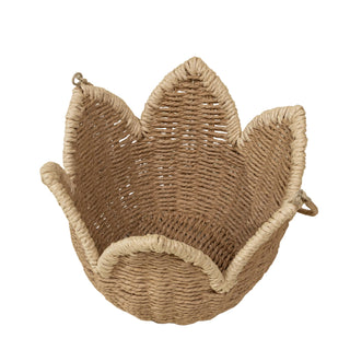 Woven basket with a unique design on a beige background