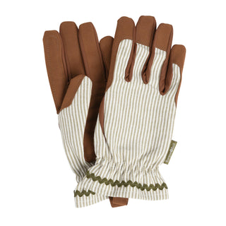 Pair of gardening gloves with brown fingertips on a white background
