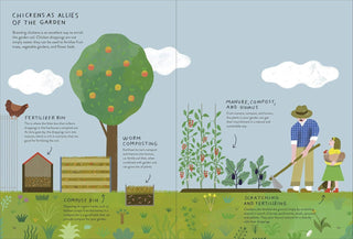 Illustrated book page about gardening with chickens, trees, and people working in a garden.