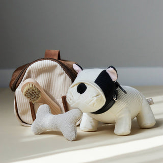 Plush dog toy with a bone and a small backpack on a light surface with a gray background
