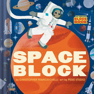 Book cover of 'Space Block' with an astronaut and space-themed illustrations.