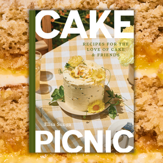 Book titled 'PICNIC' by Elisa Sunga with a cake on a checkered tablecloth, surrounded by cake slices.