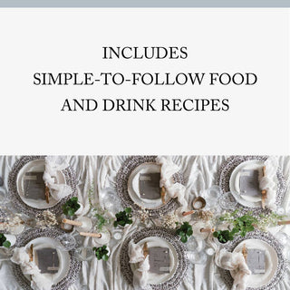 Table setting with plates, cutlery, and flowers on a white tablecloth, text overlay about recipes.