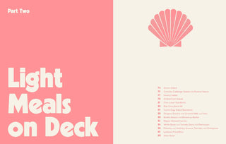 Book cover with pink shell illustration and text 'Light Meals on Deck' on a white background