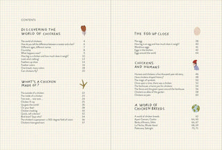 Table of contents for a book about chickens on a checkered background