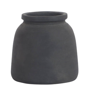 A dark charcoal gray ceramic planter pot with a wide, slightly flared rim, shown against a plain white background.
