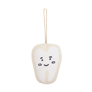Decorative tooth-shaped ornament with a smile on a white background