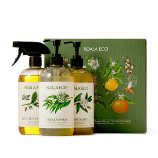 Koala Eco cleaning products including a spray bottle, hand wash, and dish soap with a green box in the background.