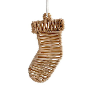 Woven rattan stocking ornament on a white background
