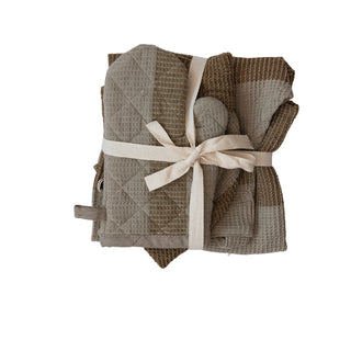 Cotton Waffle Weave Child Apron w/ Stripes, Chef Hat & Oven Mitt, Olive & Sage Color, Set of 3